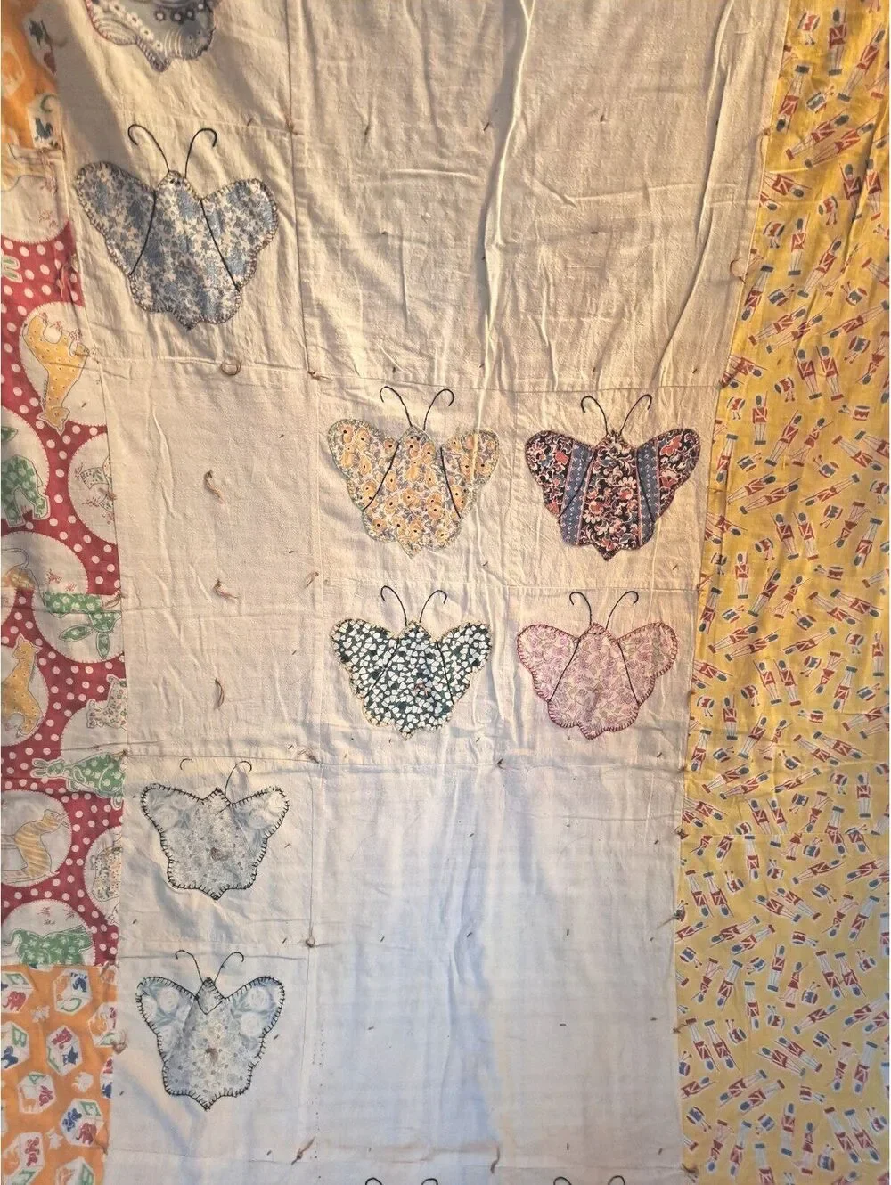 Vintage Handmade Butterfly Applique and Embroidery Feed-Sack Quilt 54